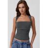 imageQINSEN Womens Square Neck Tank Tops Side Ruched Double Lined Slim Fit Summer Going Out Crop TopDark Grey