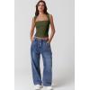 imageQINSEN Womens Square Neck Tank Tops Side Ruched Double Lined Slim Fit Summer Going Out Crop TopOlive Green