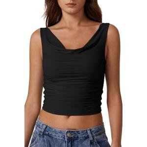 imageQINSEN Womens Cowl Neck Top Sleeveless Ruched Double Lined Crop Top Y2k T ShirtsBlack