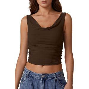 imageQINSEN Womens Cowl Neck Top Sleeveless Ruched Double Lined Crop Top Y2k T ShirtsChestnut