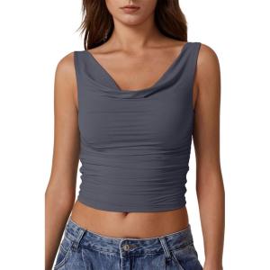 imageQINSEN Womens Cowl Neck Top Sleeveless Ruched Double Lined Crop Top Y2k T ShirtsDark Grey