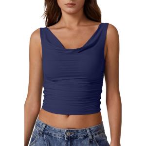 imageQINSEN Womens Cowl Neck Top Sleeveless Ruched Double Lined Crop Top Y2k T ShirtsEstate Blue