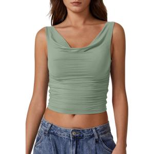 imageQINSEN Womens Cowl Neck Top Sleeveless Ruched Double Lined Crop Top Y2k T ShirtsGreen