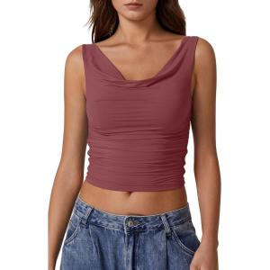 imageQINSEN Womens Cowl Neck Top Sleeveless Ruched Double Lined Crop Top Y2k T ShirtsMerlot