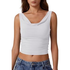 imageQINSEN Womens Cowl Neck Top Sleeveless Ruched Double Lined Crop Top Y2k T ShirtsWhite