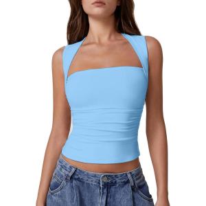 imageQINSEN Womens Square Neck Tank Tops Side Ruched Double Lined Slim Fit Summer Going Out Crop TopBaby Blue
