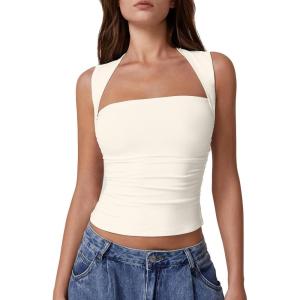 imageQINSEN Womens Square Neck Tank Tops Side Ruched Double Lined Slim Fit Summer Going Out Crop TopBeige
