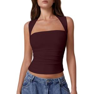 imageQINSEN Womens Square Neck Tank Tops Side Ruched Double Lined Slim Fit Summer Going Out Crop TopBurgundy