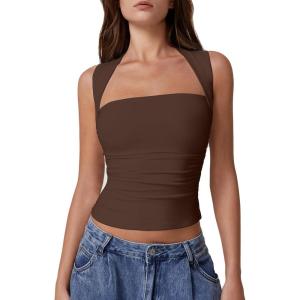 imageQINSEN Womens Square Neck Tank Tops Side Ruched Double Lined Slim Fit Summer Going Out Crop TopChestnut