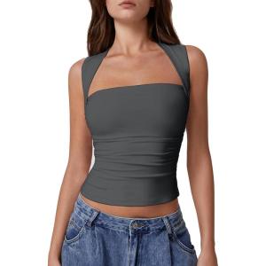 imageQINSEN Womens Square Neck Tank Tops Side Ruched Double Lined Slim Fit Summer Going Out Crop TopDark Grey