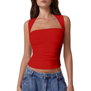 imageQINSEN Womens Square Neck Tank Tops Side Ruched Double Lined Slim Fit Summer Going Out Crop TopFairy Red