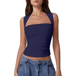 imageQINSEN Womens Square Neck Tank Tops Side Ruched Double Lined Slim Fit Summer Going Out Crop TopNavy