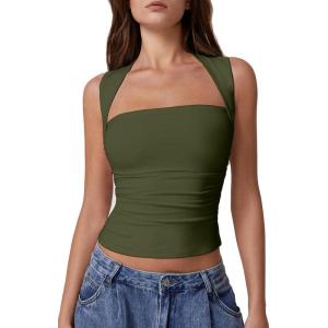 imageQINSEN Womens Square Neck Tank Tops Side Ruched Double Lined Slim Fit Summer Going Out Crop TopOlive Green