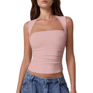 imageQINSEN Womens Square Neck Tank Tops Side Ruched Double Lined Slim Fit Summer Going Out Crop TopPink