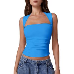 imageQINSEN Womens Square Neck Tank Tops Side Ruched Double Lined Slim Fit Summer Going Out Crop TopSapphire Blue