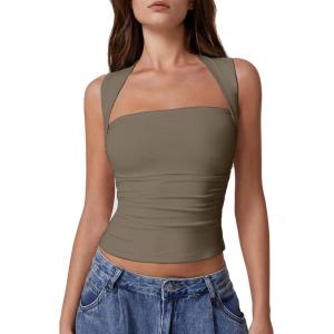 imageQINSEN Womens Square Neck Tank Tops Side Ruched Double Lined Slim Fit Summer Going Out Crop TopTurner Taupe