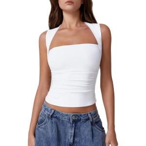 imageQINSEN Womens Square Neck Tank Tops Side Ruched Double Lined Slim Fit Summer Going Out Crop TopWhite