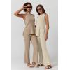 imageQINSEN Lounge Sets for Women Two Piece Outfits Knit Sleeveless Vented Hemline Tops Wide Leg Pants Sweater SetsBeige