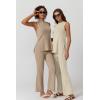 imageQINSEN Lounge Sets for Women Two Piece Outfits Knit Sleeveless Vented Hemline Tops Wide Leg Pants Sweater SetsKhaki
