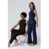 imageQINSEN Lounge Sets for Women Two Piece Outfits Knit Sleeveless Vented Hemline Tops Wide Leg Pants Sweater SetsNavy Blue