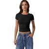 imageQINSEN Short Sleeve Shirts for Women Round Neck Basic Double Lined Tees Fitted Y2k Crop TopsBlack