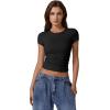 imageQINSEN Short Sleeve Shirts for Women Round Neck Basic Double Lined Tees Fitted Y2k Crop TopsBlack
