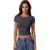 imageQINSEN Short Sleeve Shirts for Women Round Neck Basic Double Lined Tees Fitted Y2k Crop TopsDark Grey