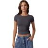 imageQINSEN Short Sleeve Shirts for Women Round Neck Basic Double Lined Tees Fitted Y2k Crop TopsDark Grey