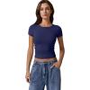 imageQINSEN Short Sleeve Shirts for Women Round Neck Basic Double Lined Tees Fitted Y2k Crop TopsEstate Blue