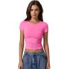 imageQINSEN Short Sleeve Shirts for Women Round Neck Basic Double Lined Tees Fitted Y2k Crop TopsMagenta