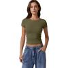 imageQINSEN Short Sleeve Shirts for Women Round Neck Basic Double Lined Tees Fitted Y2k Crop TopsOlive Green