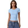 imageQINSEN Short Sleeve Shirts for Women Round Neck Basic Double Lined Tees Fitted Y2k Crop TopsSky Blue