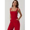 imageQINSEN Womens Casual Loose Overalls Jumpsuit Square Neck One Piece Sleeveless Wide Leg Rompers OutfitsRed