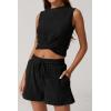 imageQINSEN Womens Crewneck Twist Front Sleeveless Crop Top Tank Drawstring Shorts Casual 2PCS Lounge SetsBlack
