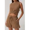 imageQINSEN Womens Crewneck Twist Front Sleeveless Crop Top Tank Drawstring Shorts Casual 2PCS Lounge SetsGolden Brown
