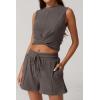imageQINSEN Womens Crewneck Twist Front Sleeveless Crop Top Tank Drawstring Shorts Casual 2PCS Lounge SetsOrganic Gray