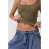 imageQINSEN Womens Lace Trim Square Neck Sleeveless Tank Tops DoubleLayer Slim Fit T Shirt Crop TopsBrown
