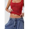 imageQINSEN Womens Lace Trim Square Neck Sleeveless Tank Tops DoubleLayer Slim Fit T Shirt Crop TopsRed