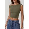 imageQINSEN Womens One Shoulder Sleeveless Basic Top Double Lined Slim Fit T Shirt Cropped TeeArmy Gree