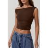 imageQINSEN Womens One Shoulder Sleeveless Basic Top Double Lined Slim Fit T Shirt Cropped TeeChestnut