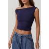 imageQINSEN Womens One Shoulder Sleeveless Basic Top Double Lined Slim Fit T Shirt Cropped TeeNavy