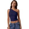 imageQINSEN Womens One Shoulder Tank Tops Double Lined Sleeveless Slim Fit Cropped Tee Shirt Y2k TopsNavy