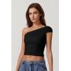imageQINSEN Womens Sleeveless Foldover Top Double Lined One Shoulder T Shirts Summer Trendy Going Out Crop TopsBlack