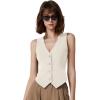 imageQINSEN Womens V Neck Vest Top Sleeveless Button Down Fully Lined Solid Going Out Crop TopsBeige
