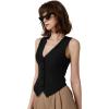 imageQINSEN Womens V Neck Vest Top Sleeveless Button Down Fully Lined Solid Going Out Crop TopsBlack