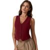 imageQINSEN Womens V Neck Vest Top Sleeveless Button Down Fully Lined Solid Going Out Crop TopsBurgundy