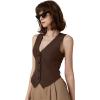 imageQINSEN Womens V Neck Vest Top Sleeveless Button Down Fully Lined Solid Going Out Crop TopsCoffee Bean