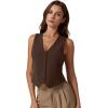 imageQINSEN Womens V Neck Vest Top Sleeveless Button Down Fully Lined Solid Going Out Crop TopsCoffee Bean