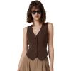 imageQINSEN Womens V Neck Vest Top Sleeveless Button Down Fully Lined Solid Going Out Crop TopsCoffee Bean