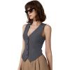 imageQINSEN Womens V Neck Vest Top Sleeveless Button Down Fully Lined Solid Going Out Crop TopsDark Grey
